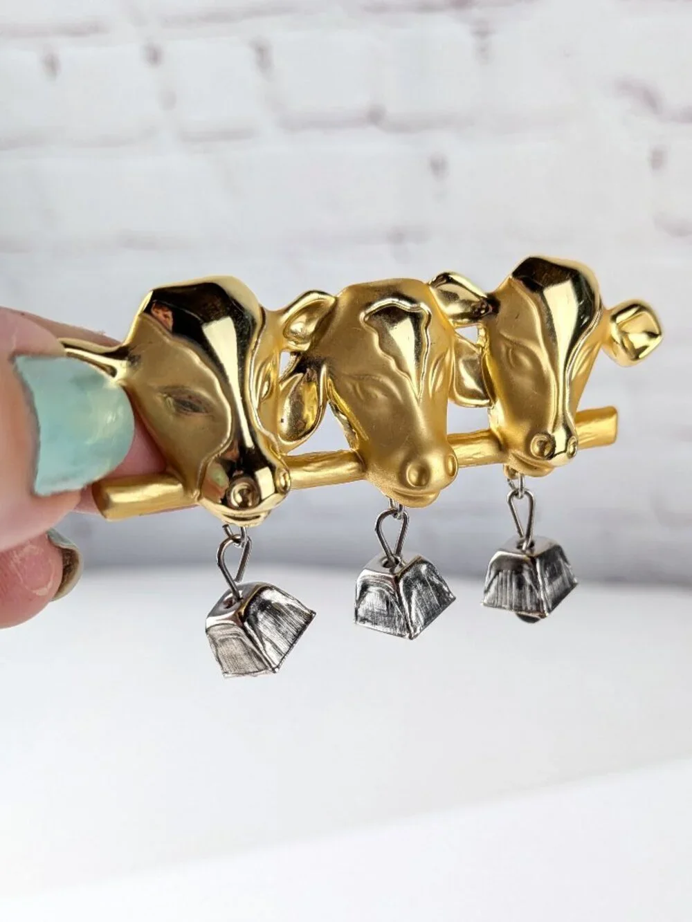 Vintage AJC Cows & Cowbells Gold-tone Brooch